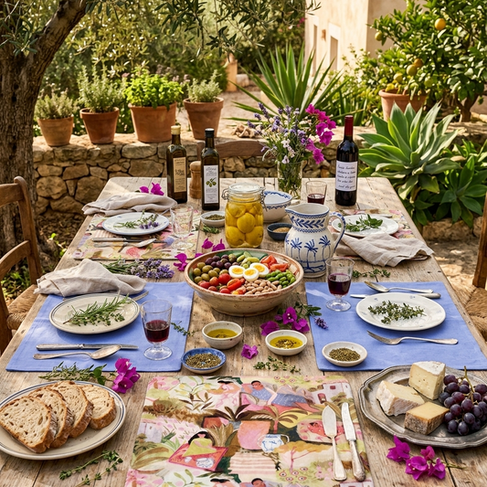 Mesa puesta en exterior con manteles individuales reversibles Jardín de las Delicias. Una escena cálida, elegante y pensada para sobremesas largas, comidas especiales y mesas con personalidad.