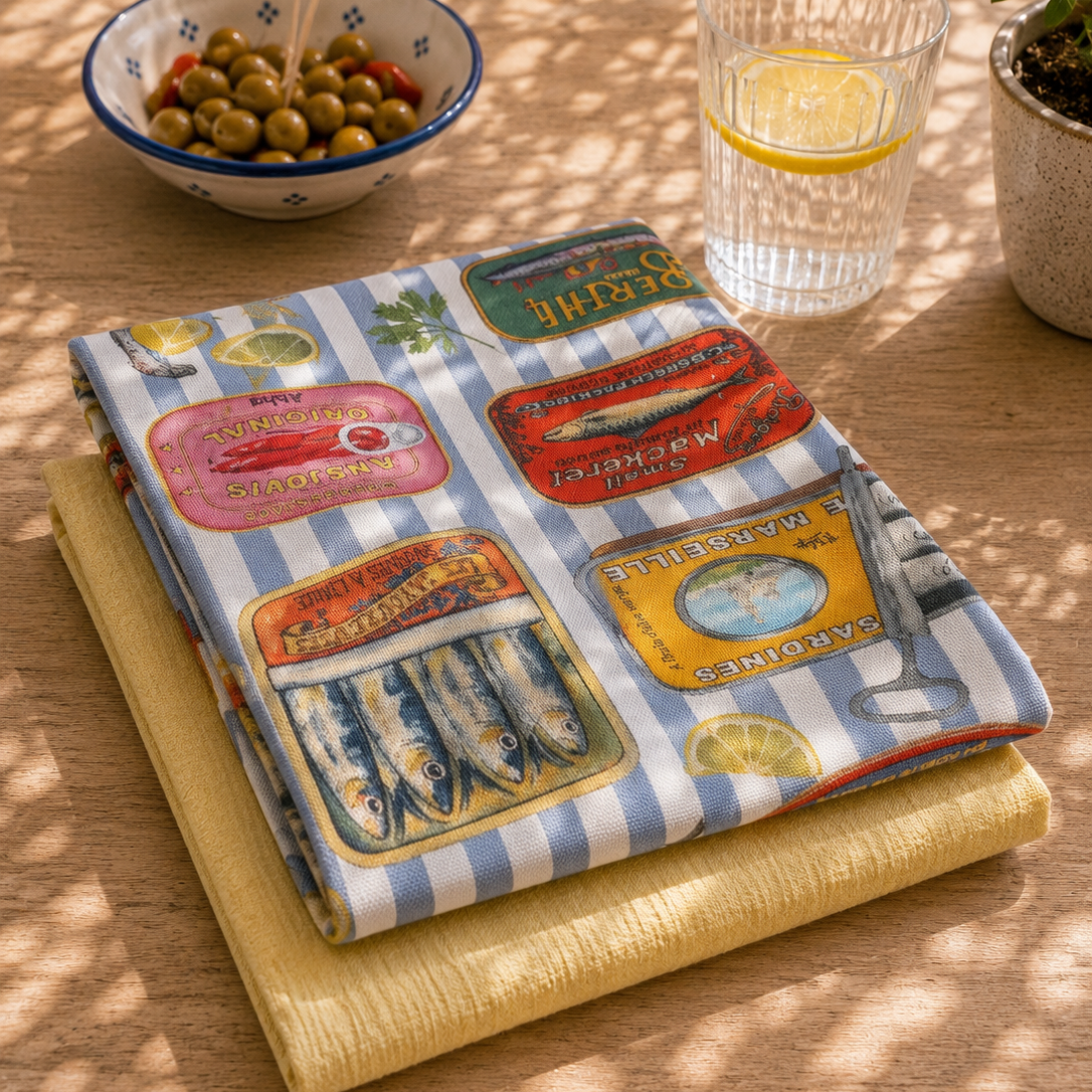 combinación de tejidos amarillo y estampado con rayas y latas