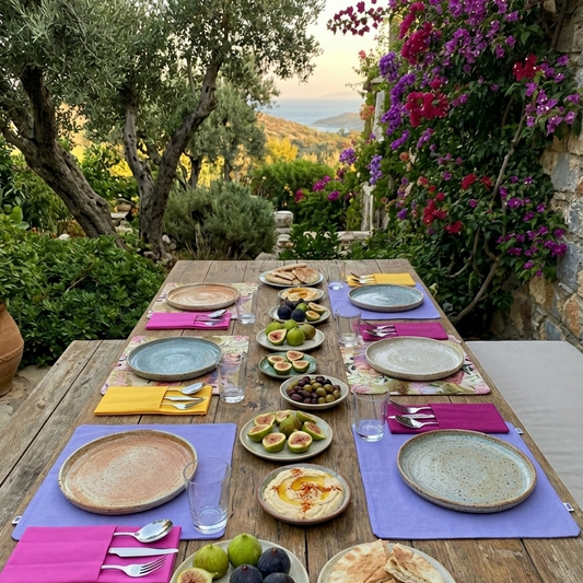 mesa puesta en jardin mediterraneo con manteles individuales reversibles y combinado con servilletas de algodon hechas a mano en distintos colores, las servilletas llevan compartimentos para los cubiertos