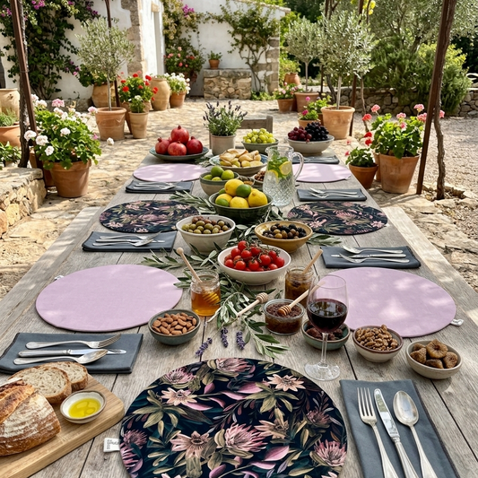 mesa en jardín mediterraneo con manteles de algodon reversibles estampados y malva