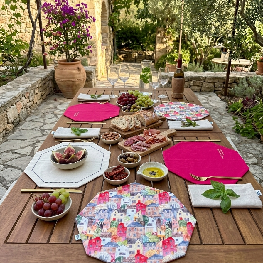 mesa puesta manteles octogonales individuales en un jardín mediterráneo