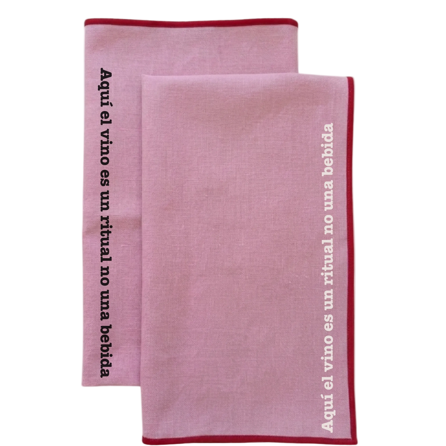 pack de dos servilletas de lino rosa con ribete granate personalizable con frase