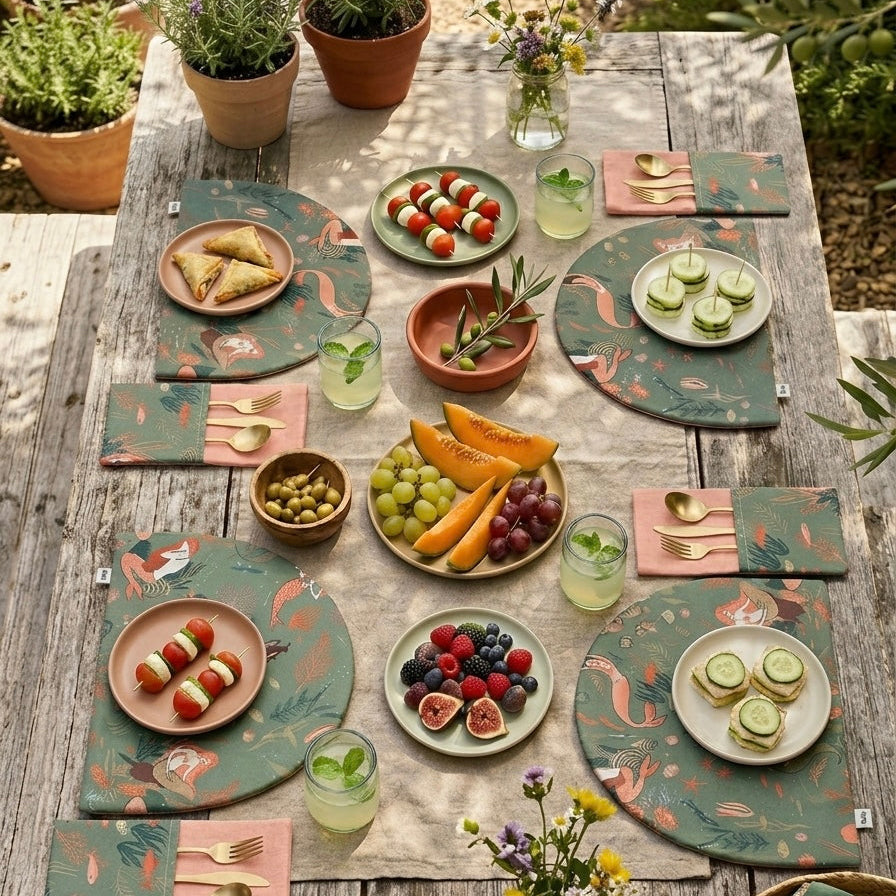 Mesa decorada con manteles individuales infantiles media luna de sirenas en algodón con reverso rosa, colección Lo que calla el mar de Better Call Maca.