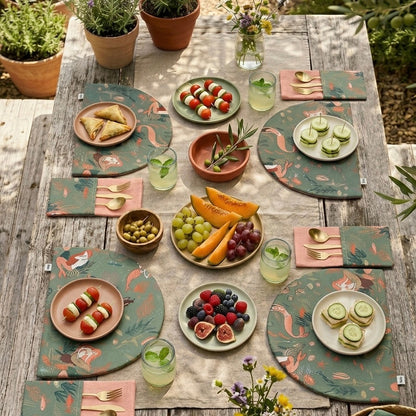 Mesa decorada con manteles individuales infantiles media luna de sirenas en algodón con reverso rosa, colección Lo que calla el mar de Better Call Maca.