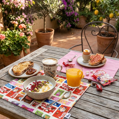Mantel infantil individual rectangular confeccionado en algodón reversible. estampado de chocolatinas y rosa chicle.
personalizable con nombre o frase
Para mesas infantiles 