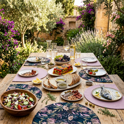 Mesa puesta en exterior con manteles individuales reversibles Flor en Silencio, diseño floral en azul marino y reverso rosa pastel. Una escena pensada para sobremesas largas, bonitas y con personalidad.