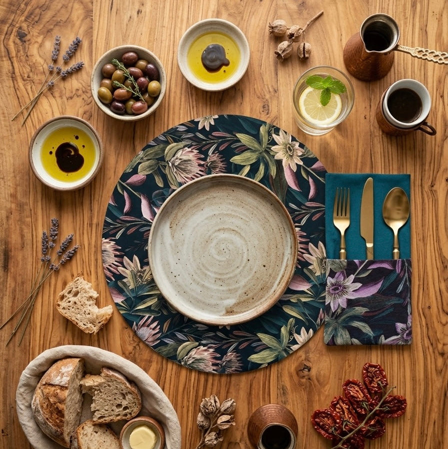 Mesa puesta con mantel individual redondo reversible de algodón, estampado floral en tonos rosa, beige y verde sobre fondo azul petróleo. Diseño elegante y sofisticado para vestir la mesa con personalidad y una sobremesa especial.