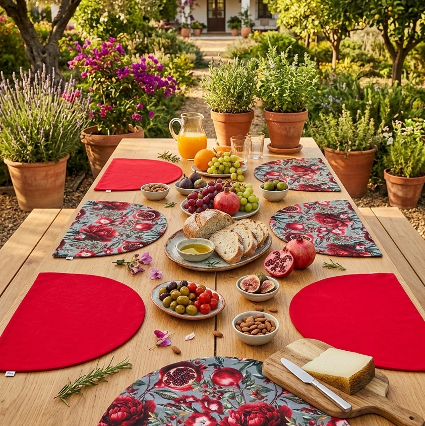 Mesa exterior con pack de manteles individuales media luna reversibles de algodón, estampado floral de granadas en tonos rojos y reverso rojo. Manteles elegantes y originales para vestir la mesa con personalidad y sobremesas especiales.