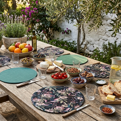 Mesa exterior con pack de manteles individuales redondos reversibles de algodón, estampado floral en tonos rosa, beige y verde sobre fondo azul petróleo y reverso azul. Manteles elegantes para vestir la mesa con personalidad y sobremesas especiales.