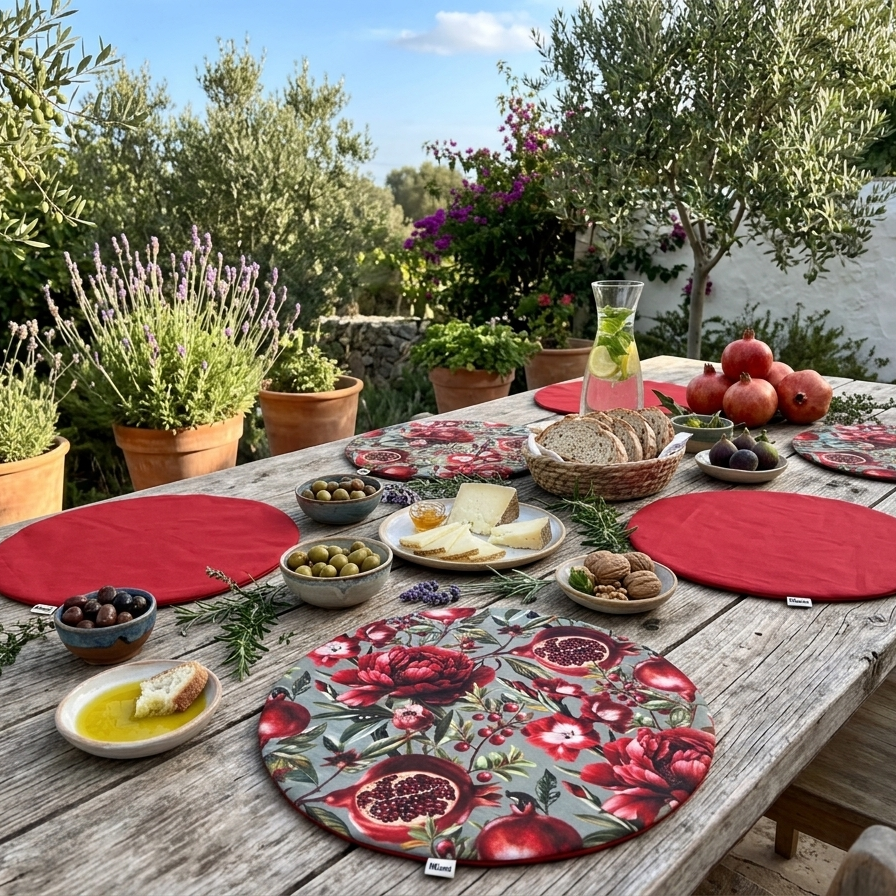 Mesa exterior con pack de manteles individuales redondos reversibles de algodón, estampado floral de granadas en tonos rojos y reverso rojo. Manteles elegantes y originales para vestir la mesa con personalidad y sobremesas especiales.