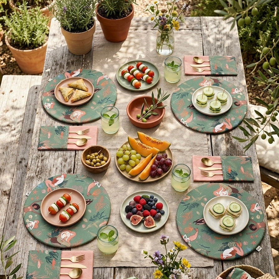 Mesa exterior con mantel individual redondo kids reversible de algodón, estampado de sirenas en tonos verdes y melocotón. Diseño alegre y original para desayunos, meriendas y mesas con mucha imaginación.