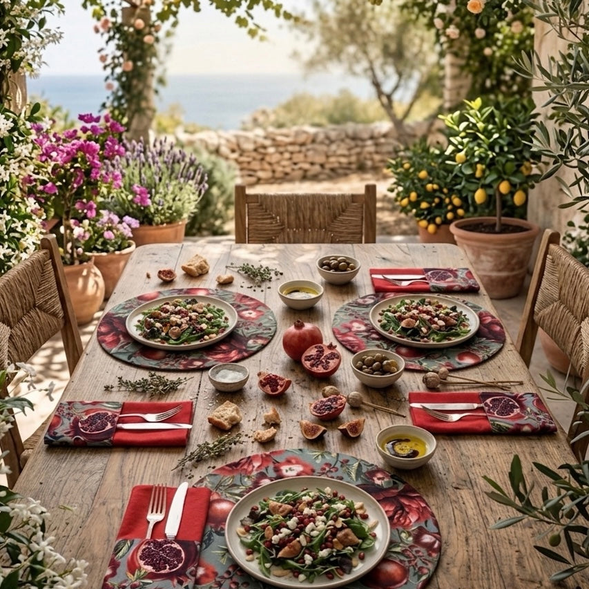 Mesa exterior con pack de manteles individuales redondos reversibles de algodón, estampado floral de granadas en tonos rojos y reverso rojo. Manteles elegantes y originales para vestir la mesa con personalidad y sobremesas especiales.