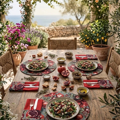 Mesa exterior con pack de manteles individuales redondos reversibles de algodón, estampado floral de granadas en tonos rojos y reverso rojo. Manteles elegantes y originales para vestir la mesa con personalidad y sobremesas especiales.