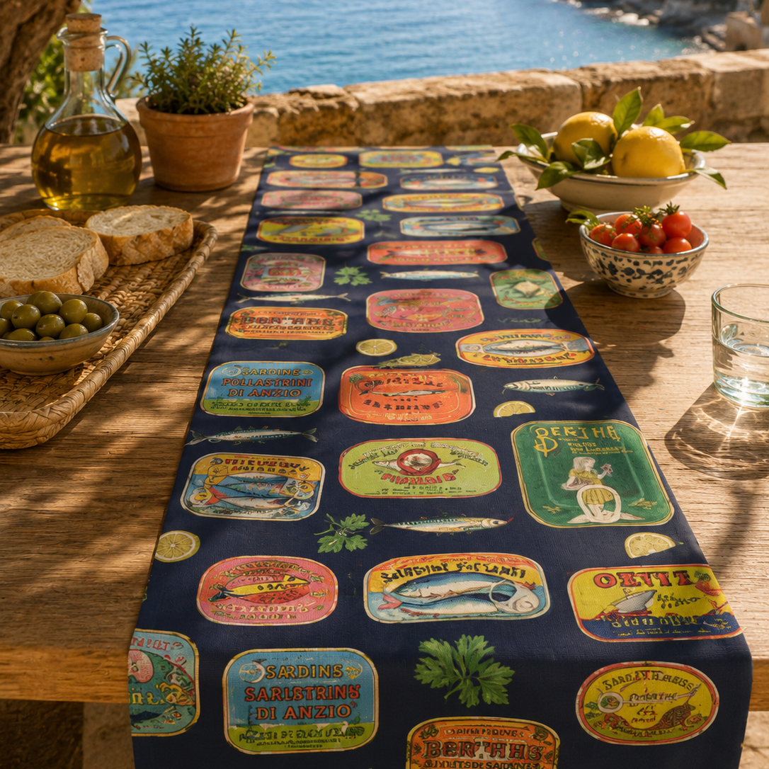 camino de mesa estrecho estampado de latas con fondo azul marino reversible en amarillo todo de algodon