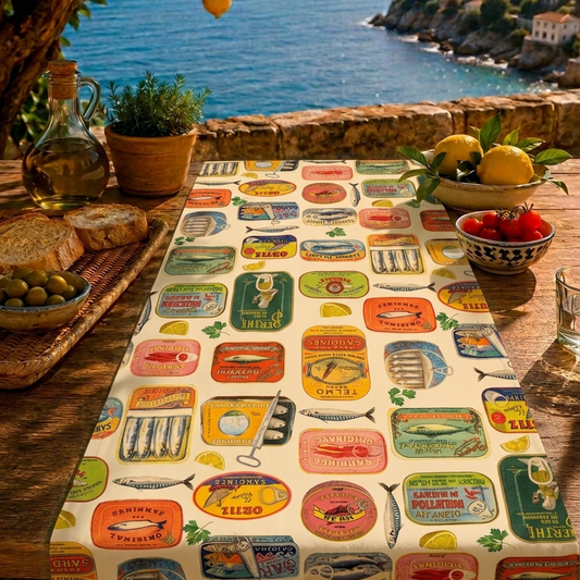 camino de mesa estampado y reversible con fondo beige y dibujos de latas y reves azul claro