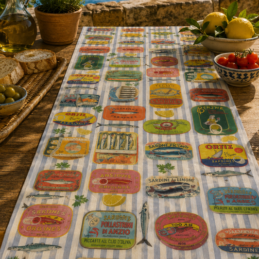 camino de mesa reversible en algodon estampado de latas con rayas azules. claras y dibujos de latas combinada rn ambiente meediteraneo