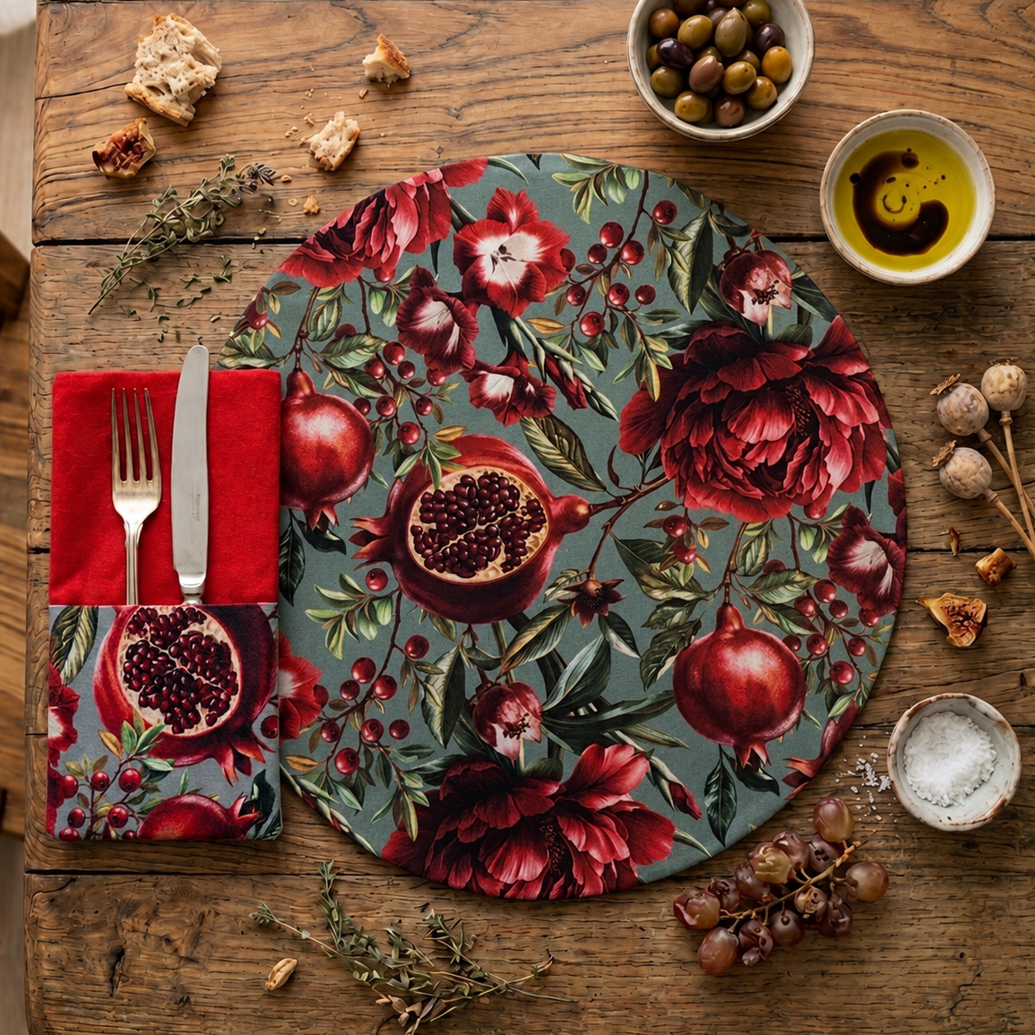mesa mediterranea con mantel circular con estamapado de granadas y servilleta con bolsillo a juego para guardar los cubierto