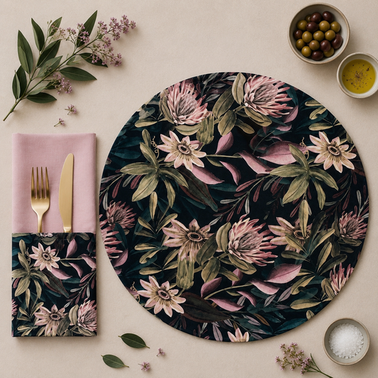 mesa con mantel y servilleta a juego ambos con estampado floral y combinado con tela malva 
la servilleta tiene bolsillo para los cubiertos