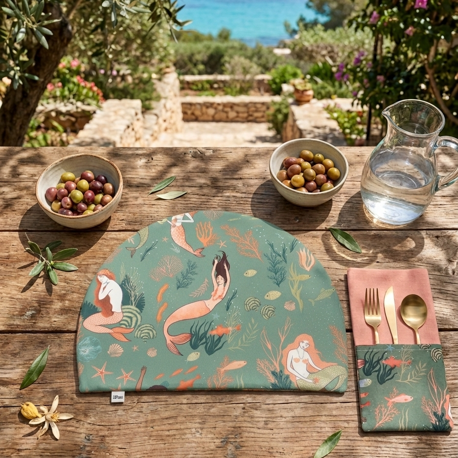 mesa mediterranea con mantel individual de media luna estampado de sirenas y reves melocoton con servilleta a juego con bolsillo para los cubiertos
