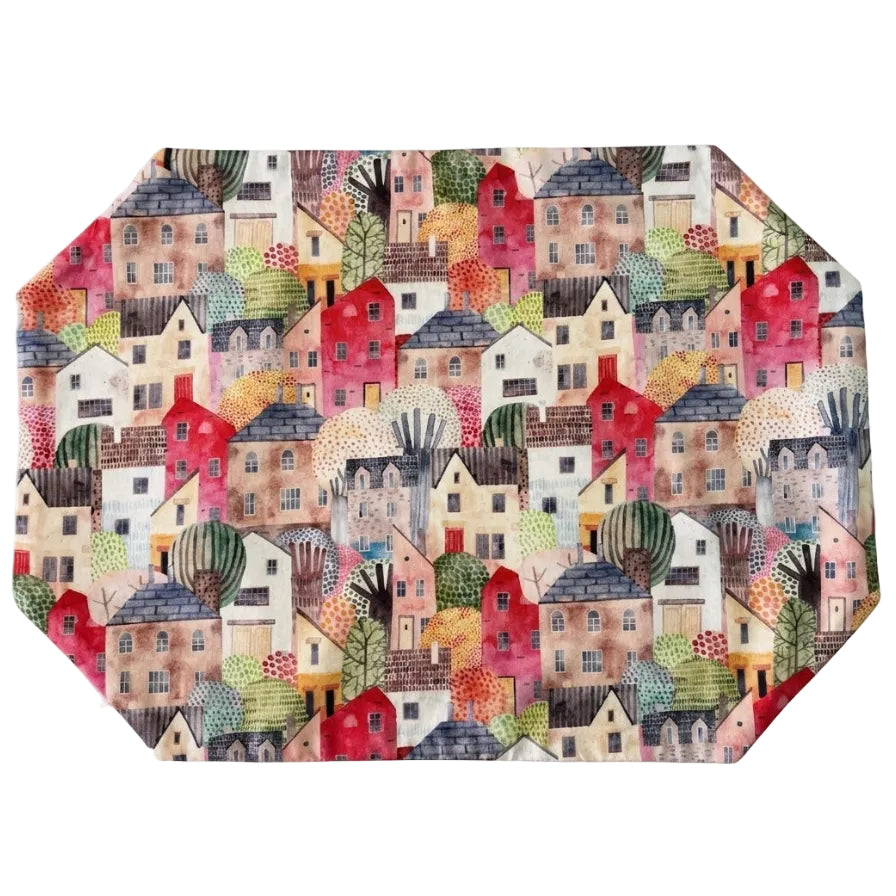 mantel individual rectángulo sin esquinas con estampado de casitas