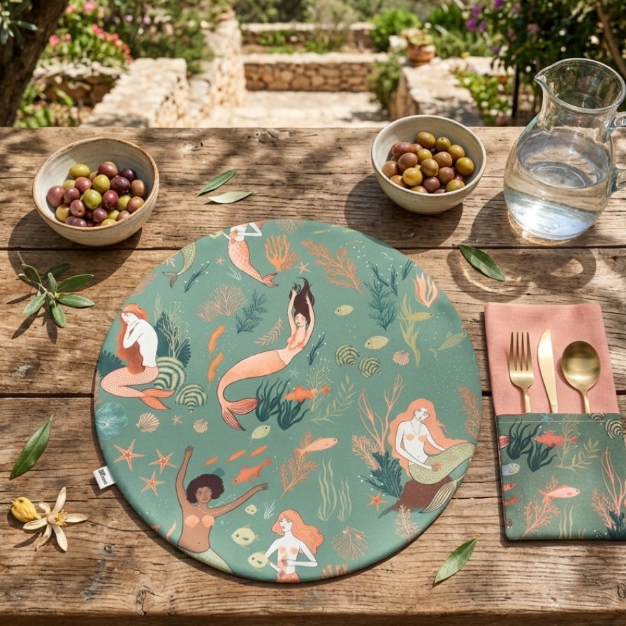 conjunto de mantel y servilleta con estampado de sirenas en colores verde y melocotón reversibles y personalizables