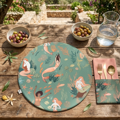 conjunto de mantel y servilleta con estampado de sirenas en colores verde y melocotón reversibles y personalizables