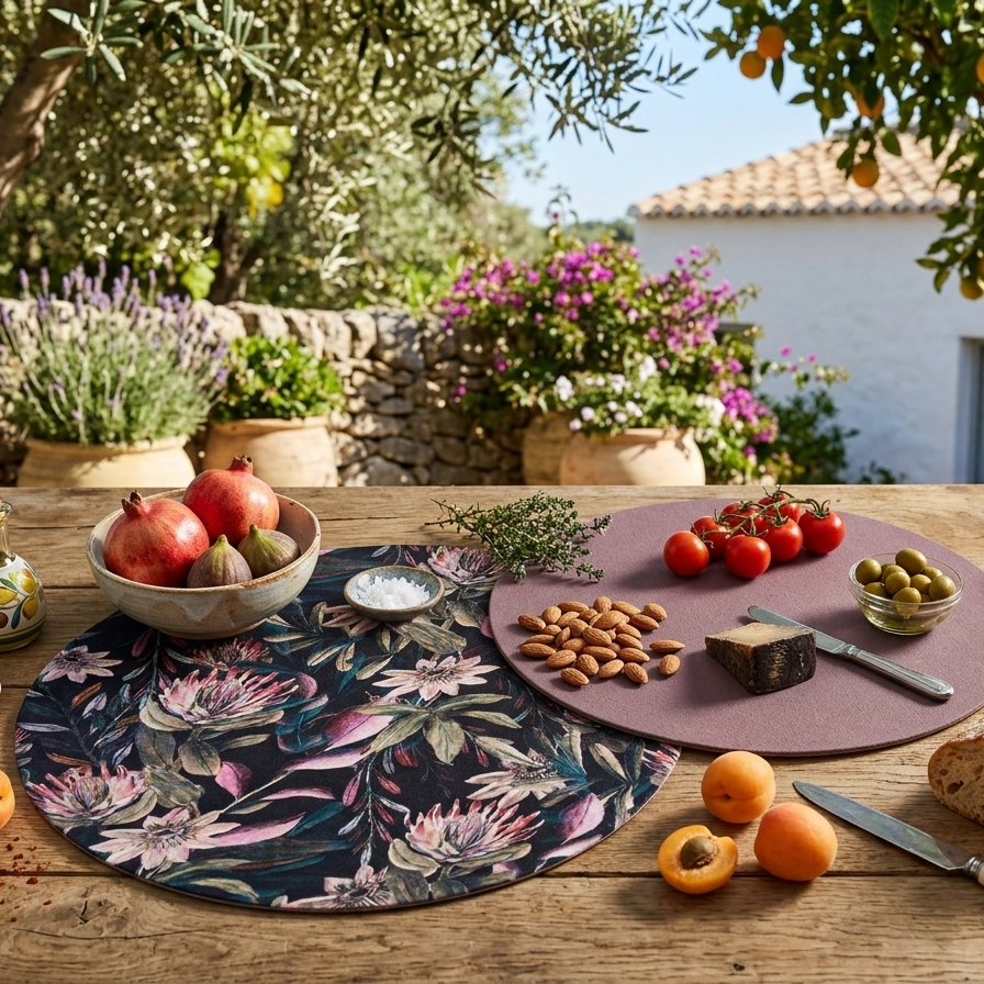 manteles sobre mesa mediterranea en algodon y reversibles con relleno