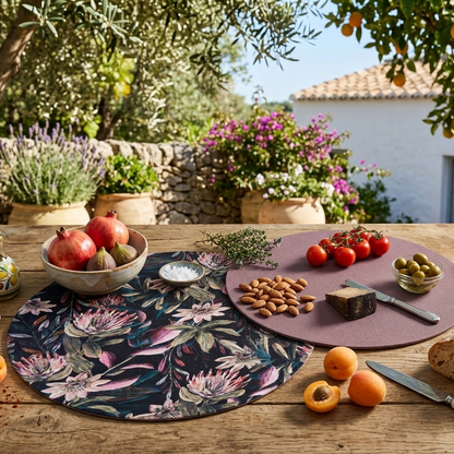 manteles sobre mesa mediterranea en algodon y reversibles con relleno