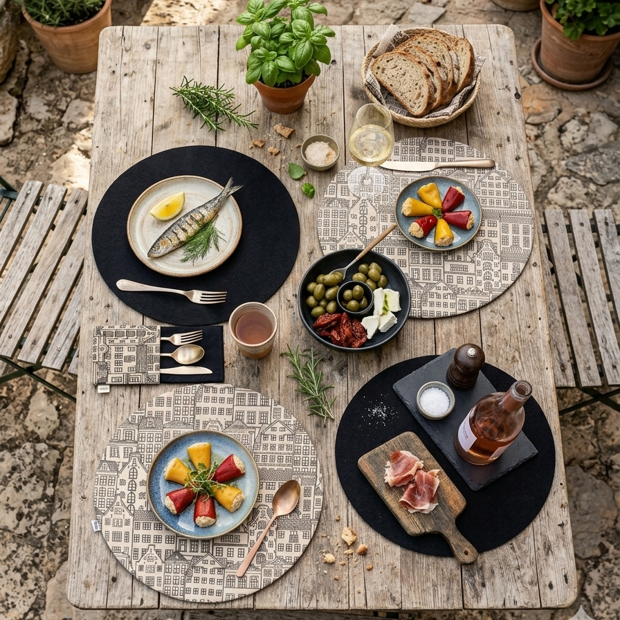 Manteles individuales reversibles hechos para mesas con historia. Diseño artesanal, carácter y frases que hablan por ti. Porque una buena sobremesa empieza aquí.
manteles combinados con servilletas negros y estampado de casitas.