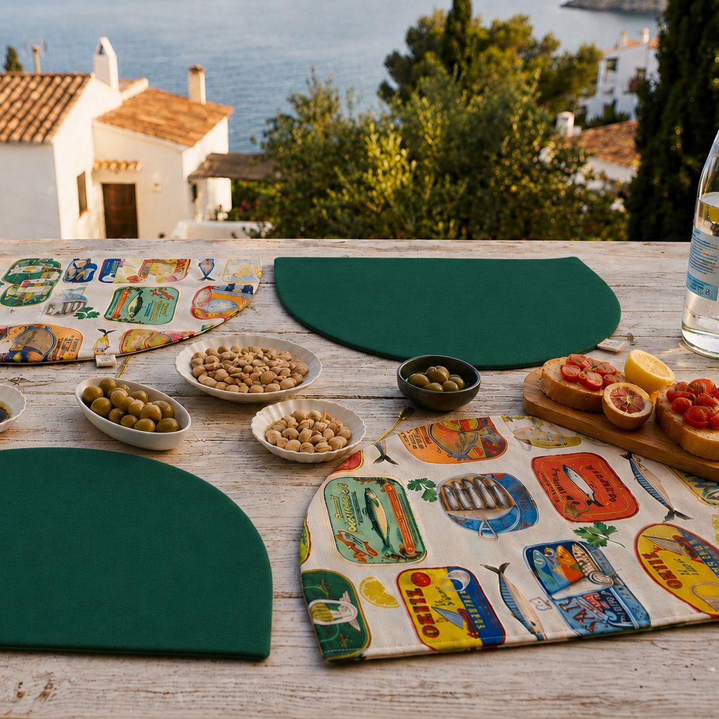 manteles individuales reversibles con estampado de latas por un lado y verde por el otro en terraza mediterranea personalizables con frase