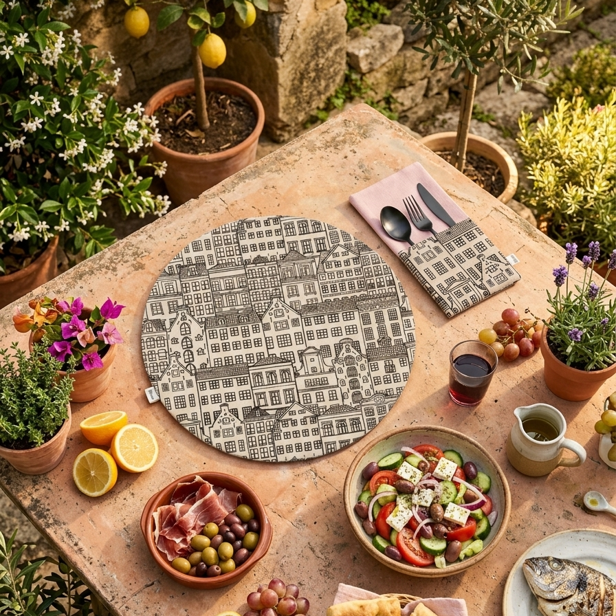mesa puesta manteles individuales redondos con estampado de casitas y servilletas a juego de algodón en tono melocotón y casitas