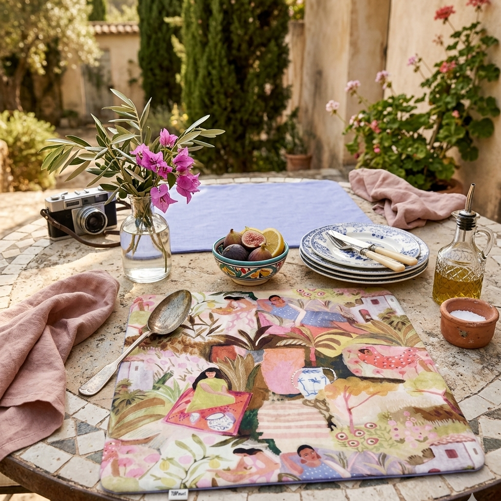 mantel individual  de algodón con relleno cuadrado con esquinas redondeadas 
estampado mujeres en el jardín y revés en color azul lavanda 
tejido que parece un cuadro
mesas bonitas mediterráneas