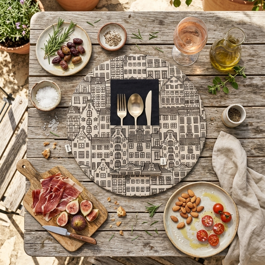Manteles individuales reversibles hechos para mesas con historia. Diseño artesanal, carácter y frases que hablan por ti. Porque una buena sobremesa empieza aquí.
manteles combinados con servilletas negros y estampado de casitas.
