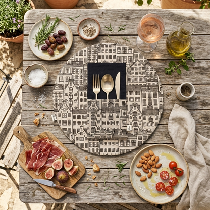 Manteles individuales reversibles hechos para mesas con historia. Diseño artesanal, carácter y frases que hablan por ti. Porque una buena sobremesa empieza aquí.
manteles combinados con servilletas negros y estampado de casitas.