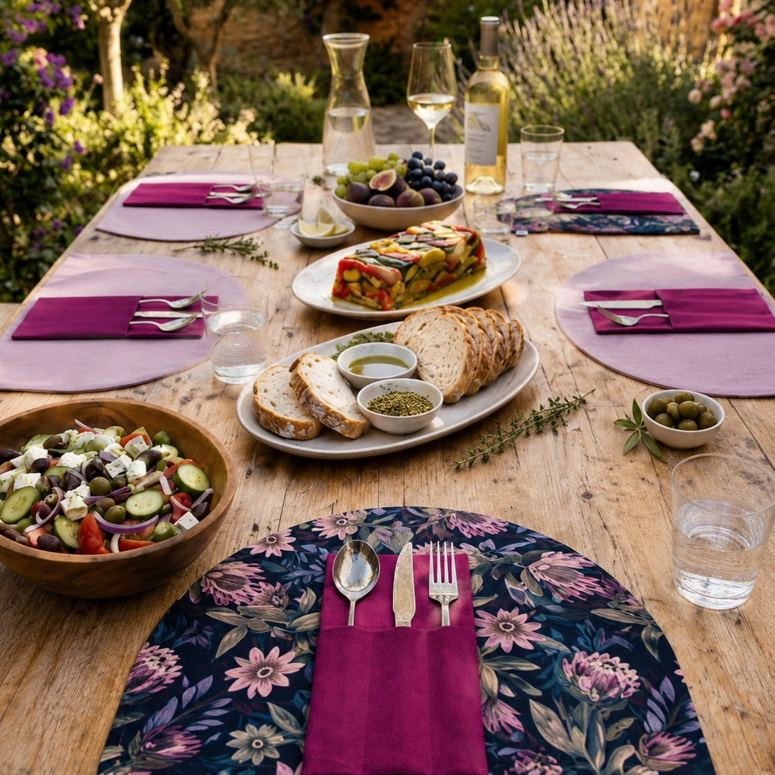 mesa puesta de manteles individuales de algodon con estampado de flores en tonos rosas verdes y violetas con servilleta a juego en color iruela de algodon hecho a mano y compartimentos para los cubiertos