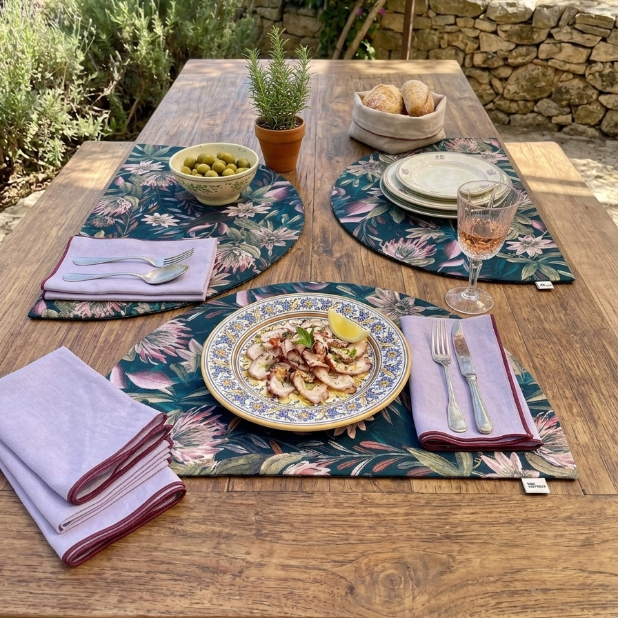mesa puesta con manteles de media luna y ssrvilletas de lino lilas con ribete granate personalizares con frase
