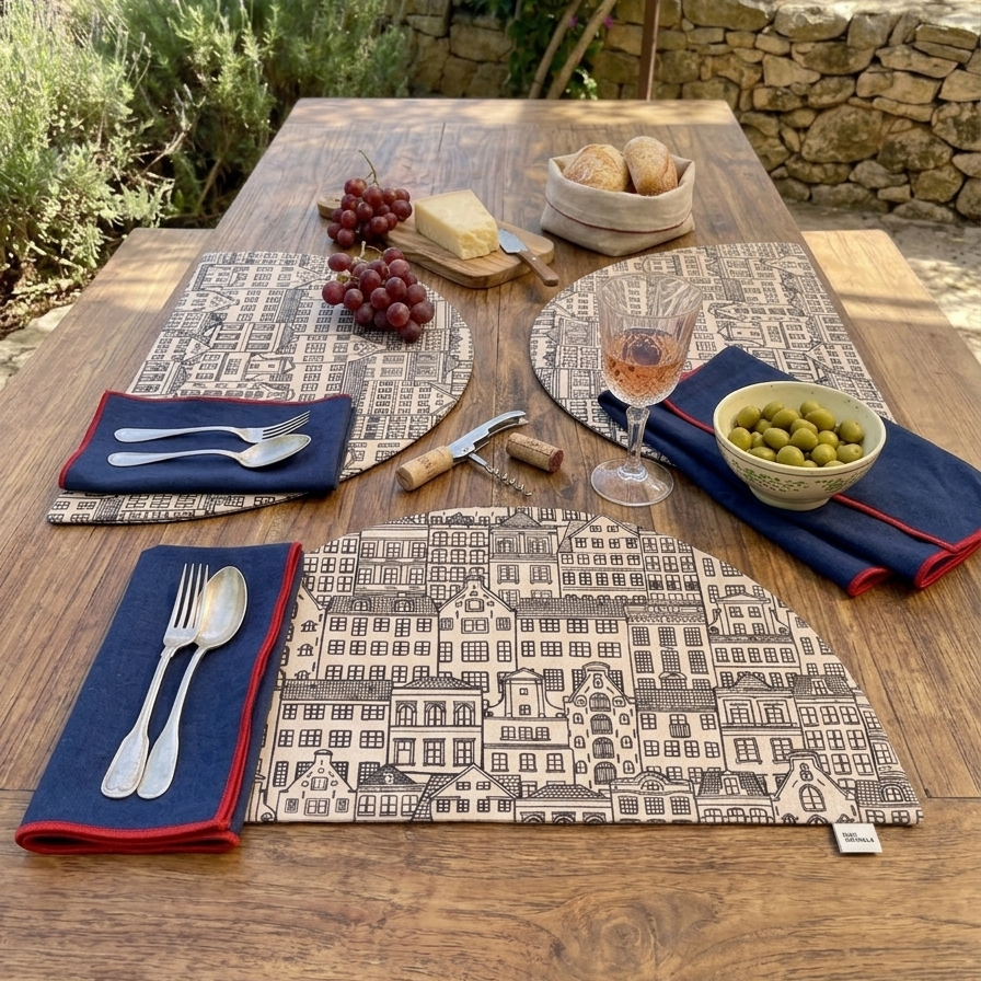 mesa puesta aesthetic con manteles individuales semicirculares con estampado de casitas y relleno. combinados con servilletas de mezcla de lino en azul marino y ribete rojo personalizares con frase.