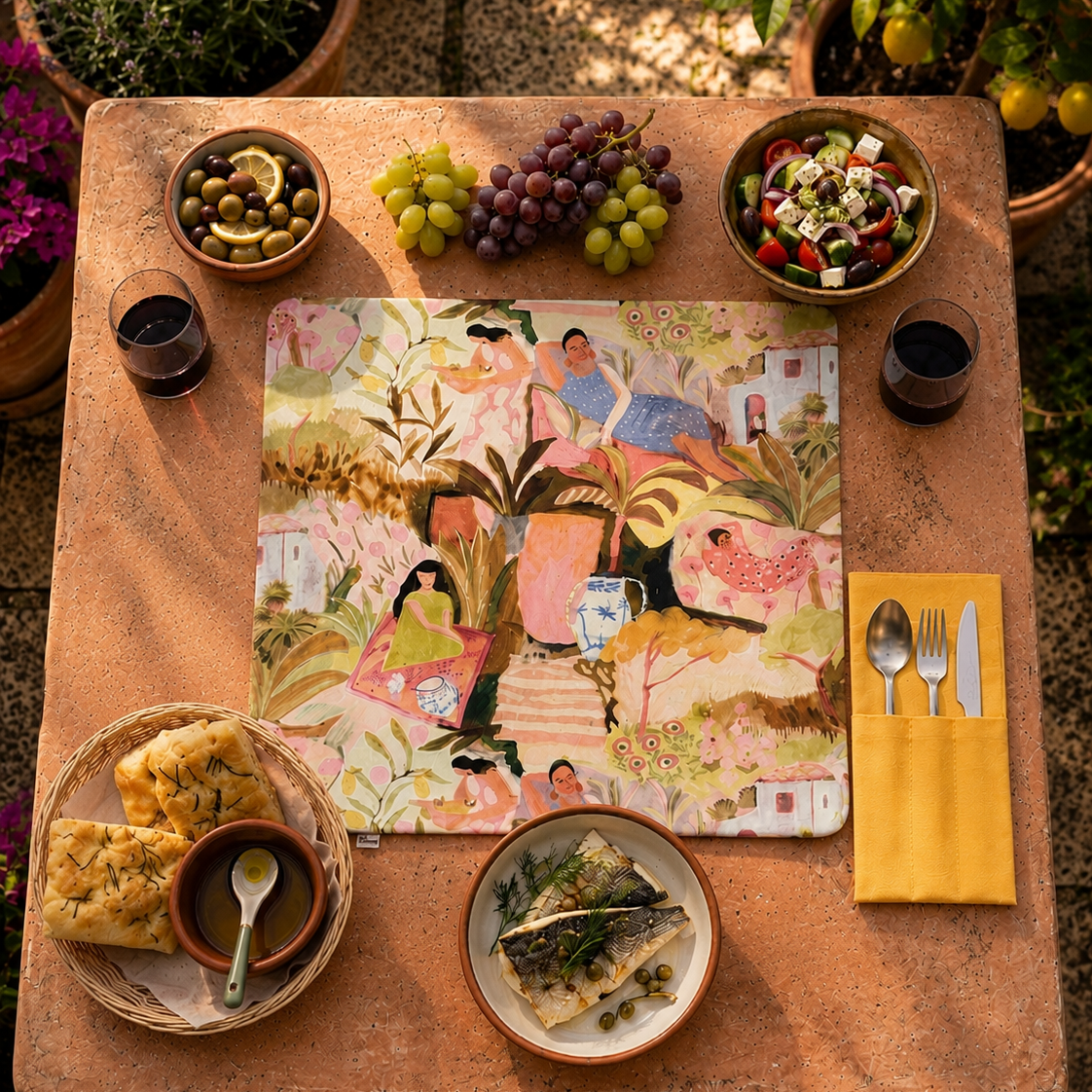 mesa puesta con mantel individual con estampado de mujeres en jardin y servilleta de algodon amarillo con compartimentos para los cubiertos todo en un ambiente de jardin mediterraneo