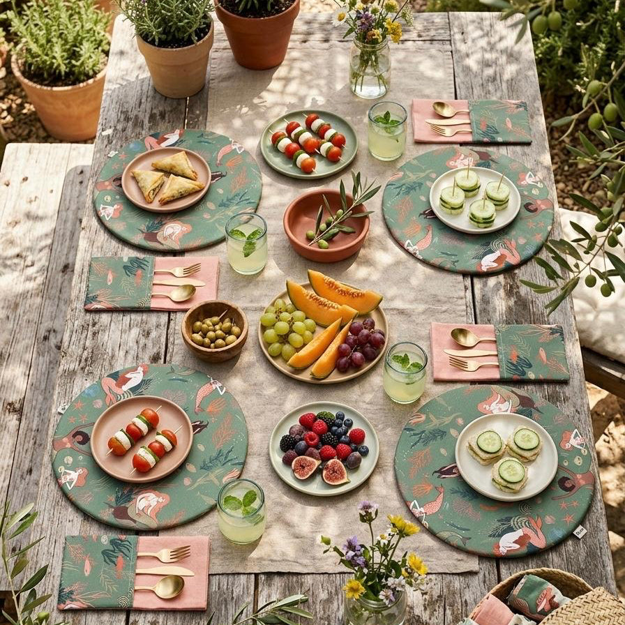 mesa mediterranea con manteles redondos reversibles con estampagdo de sirenas y reversible color melocotón con servilleta a juego