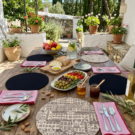 mesa puesta con manteles redondos con relleno personalizares y servilletas con ribetes en rosa y rojo personalizares