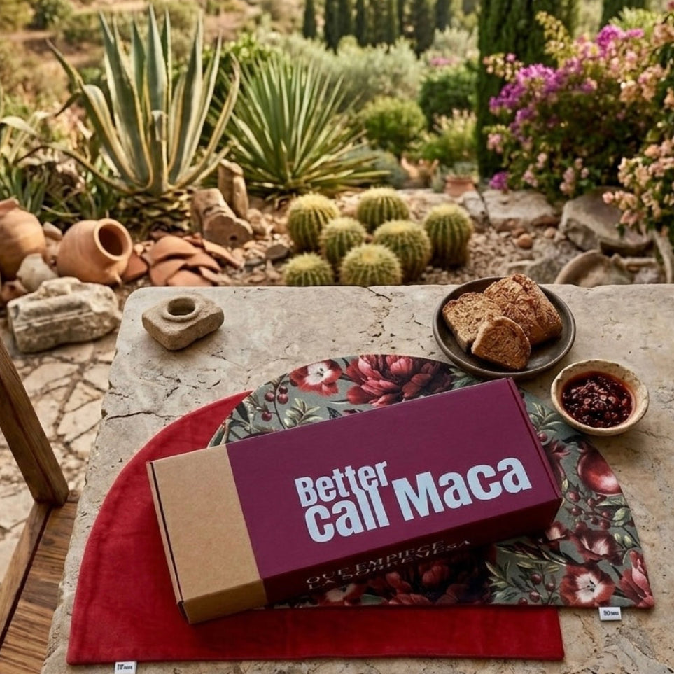 packaging Better call Maca para manteles de algodon hechos a mano con estampado de granas flores y reves rojo