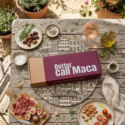 packaging marca de manteles individuales con relleno reversible con estampado de casitas en jardín mediterráneo 