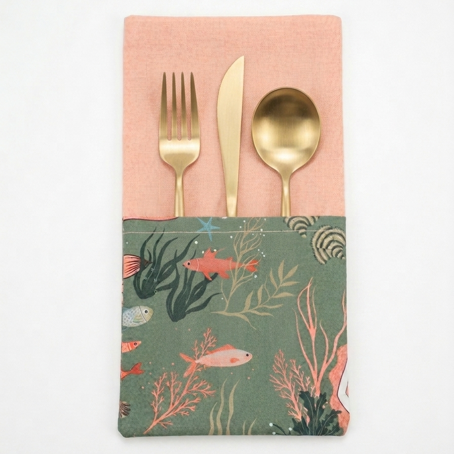 servilleta con bolsillo con estampado de sirenas peces y corales en tonos verdes y naranjas, combinada con tejido de algodón en tono melocotón 
en la servilleta hay unos cubiertos dentro