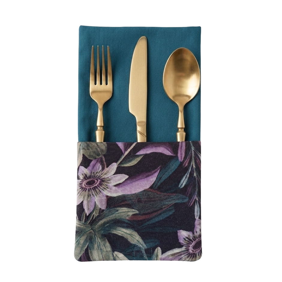servilleta con bolsillo reversible en tono azul Petroleo y bolsillo estampado con tejido de flores en tonos oscuros verdes y malva con bolsillo para introducir los cubiertos