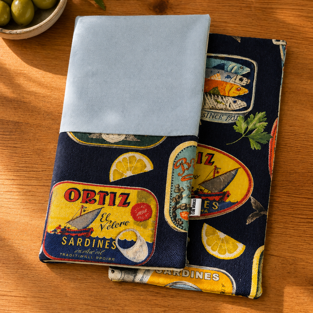 servilleta con bolsillo azul marina con estampado de latas y reves con la misma tela combinada con una tela azul mas Clarita