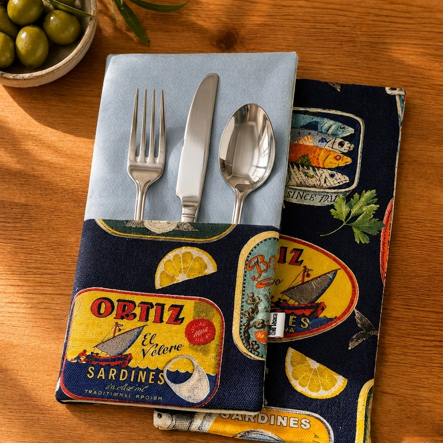 tres servilletas de algodon con bolsillo para cubiertos en algodón azul clarito y reves y cbolsillo en estampado de latas con fondo azul marino