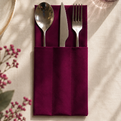 servilleta de algodón color ciruela con compartimentos para los cubiertos hecho a mano
