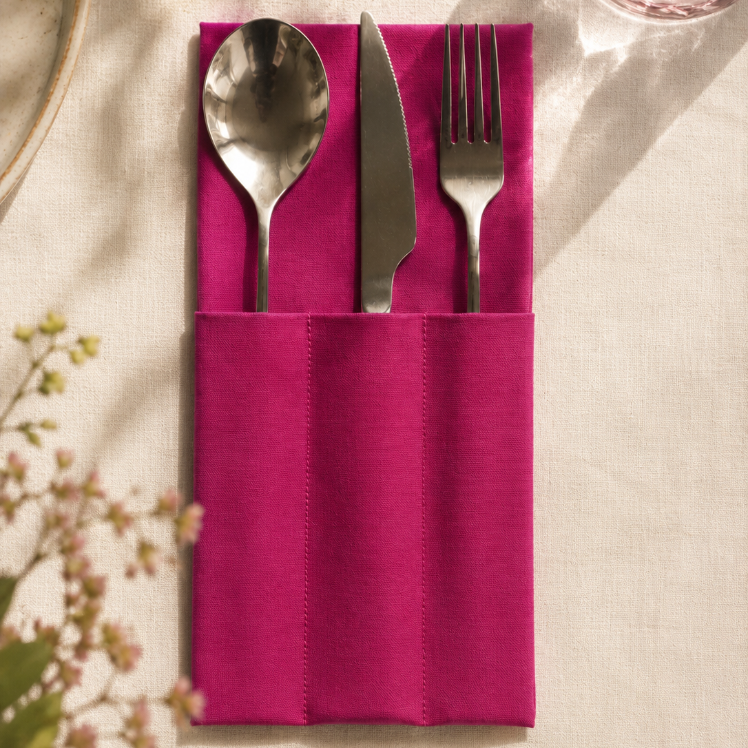 servilleta de algodon color rosa fucsia con compartimentos para los cubiertos hecho a mano