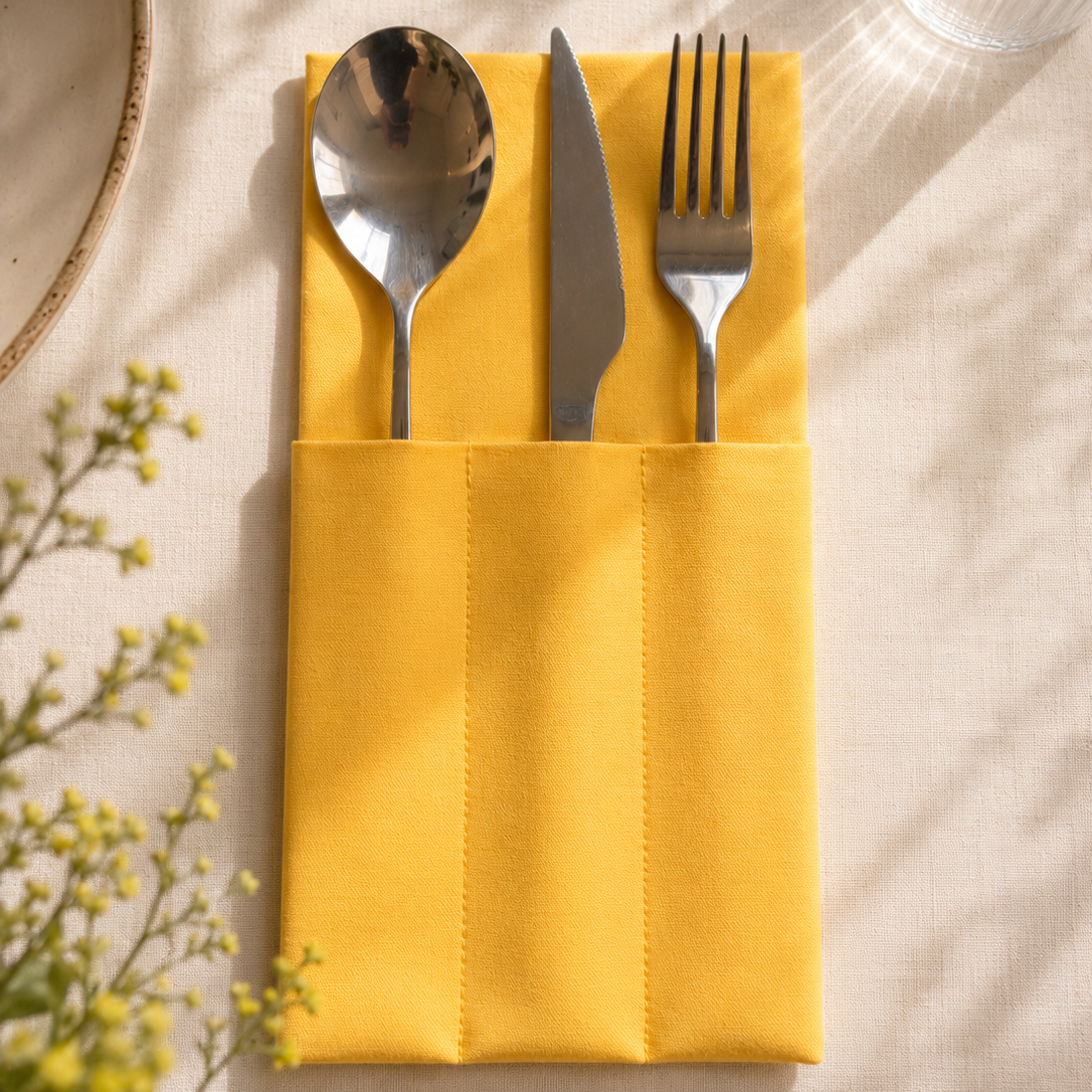 servilleta de algodon color amarillo con compartimentos para los cubiertos hecho a mano