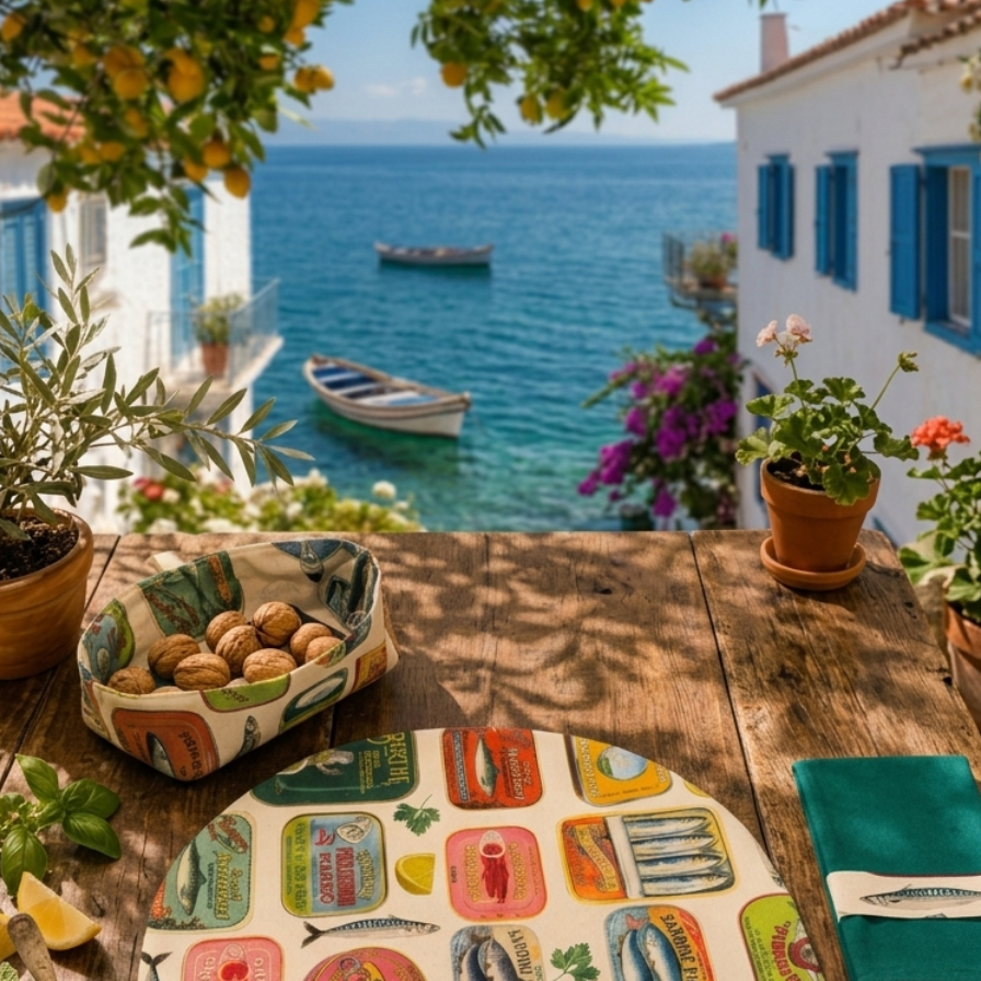 servilleta con guardascubiertos en tejido de algún verde reversible y tira en ella estampada de algodon beige con dibujos de sardinas y latas combinado con mantel media luna estampada de latas Gildas en terraza mediterranea